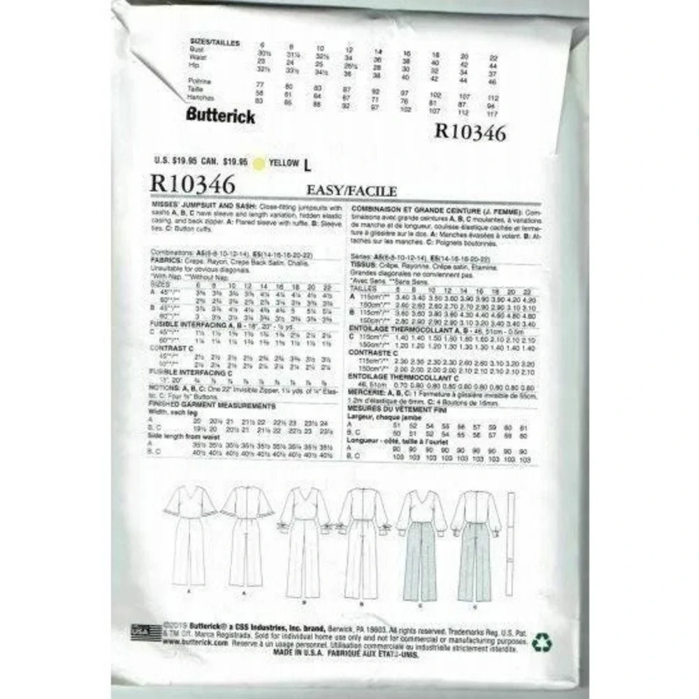 Butterick‎ Sewing Pattern 10346 Misses Jumpsuit Sash Size 6-14